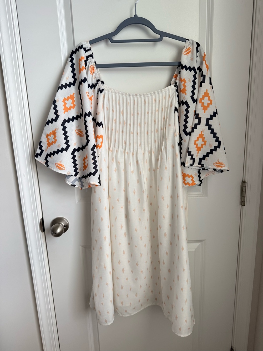Boutique White Smocked Midi Dress Aztec Puff Sleeve XL
